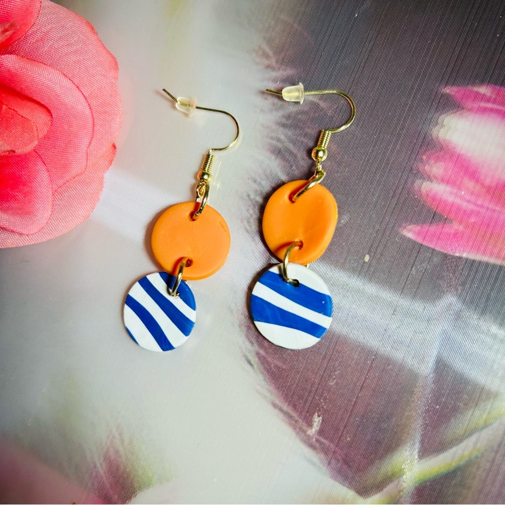 Orange and Blue Striped Earrings - Picture 6 of 16